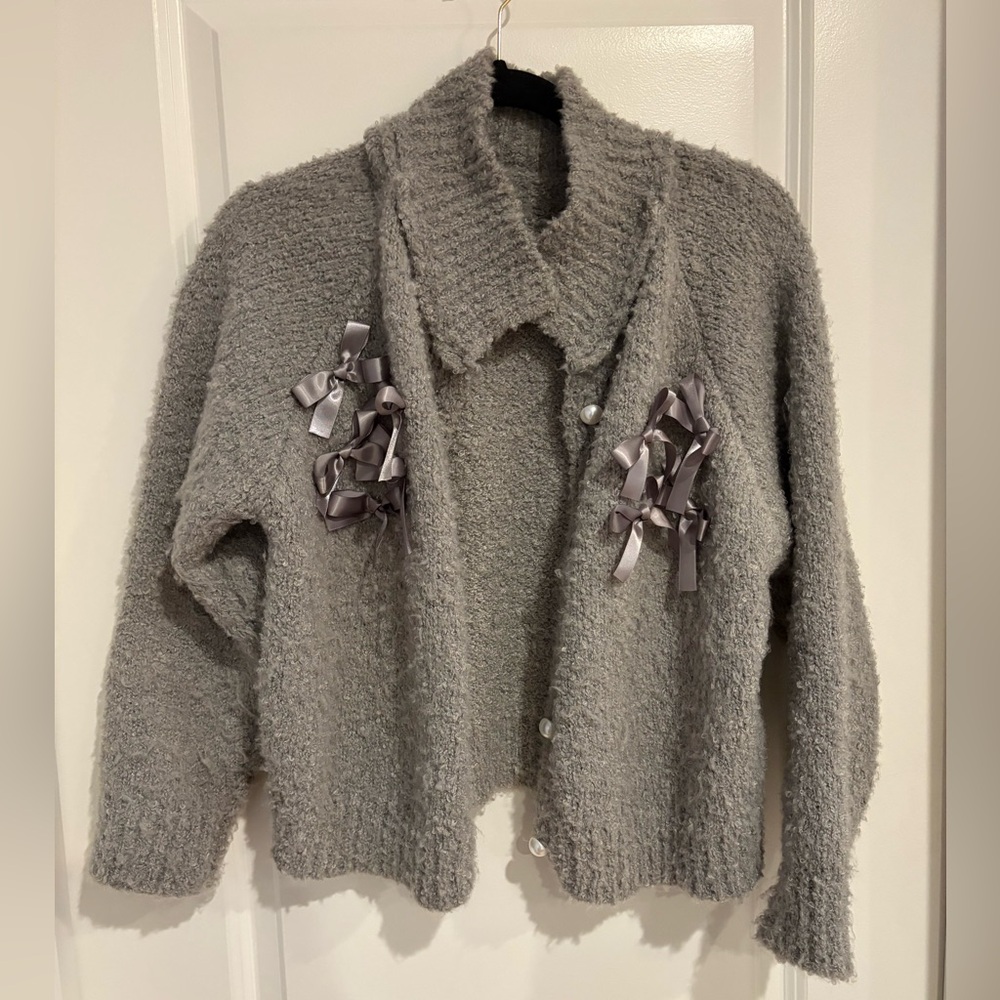 Cozy Gray Cardigan with Ribbon and Pearl Accents